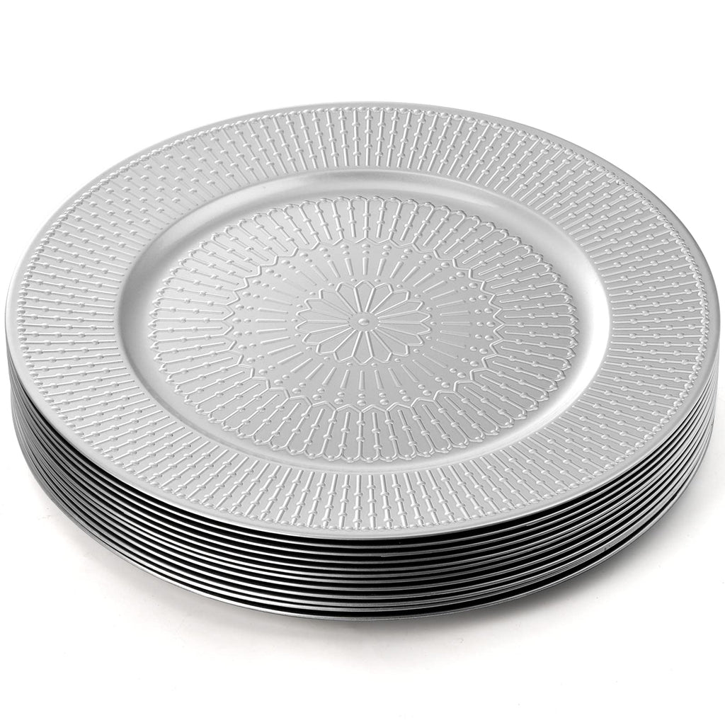 12 Pack Silver Charger Plate, 13-inch Beaded Chargers for Dinner Plates, Plastic Reusable Round Charger Platters