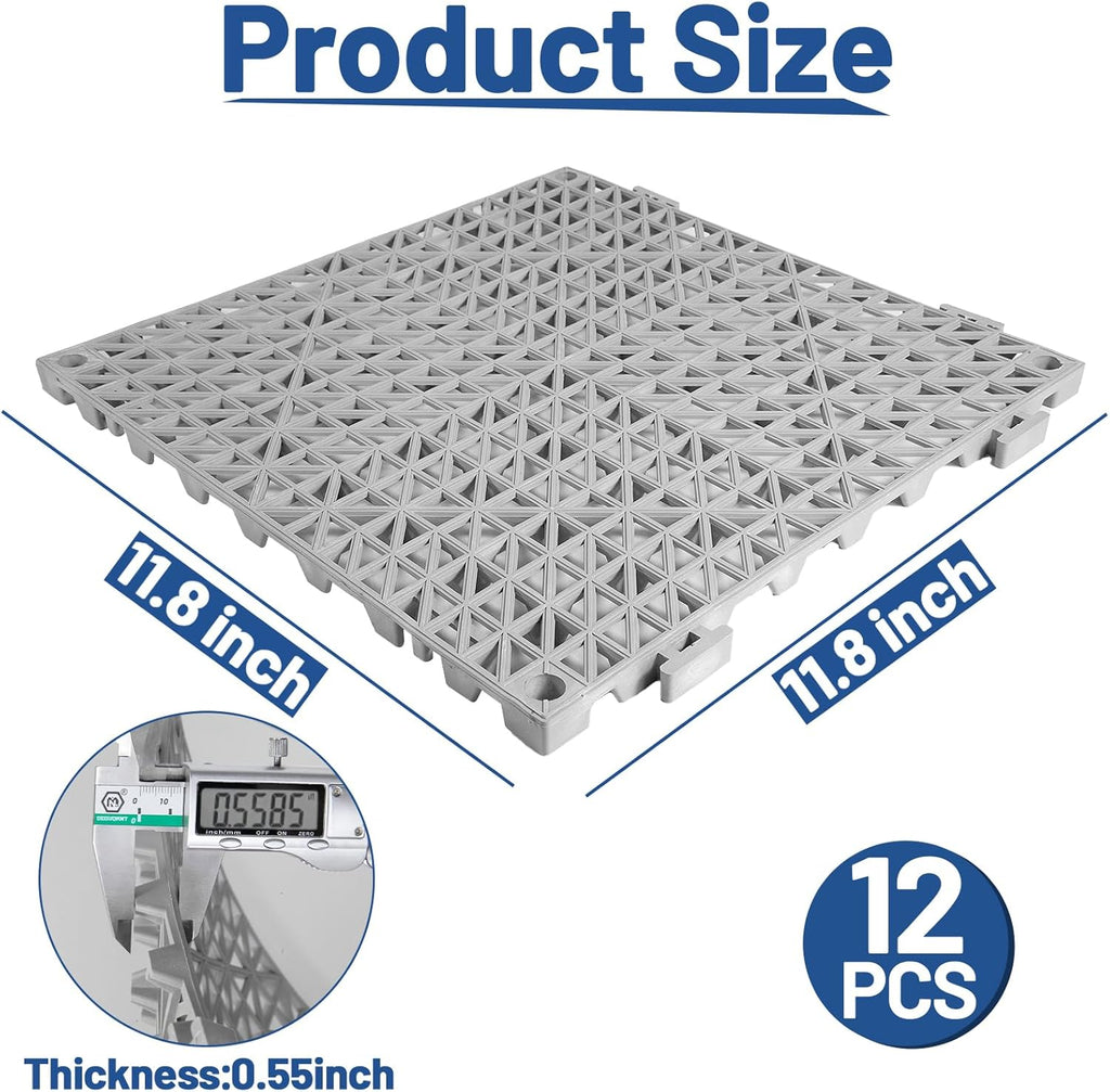 12PCS Drainage Interlocking Floor Tiles 11.8" x 11.8", Modular Interlocking Cushion Soft PVC Floor Non-Slip Splicing