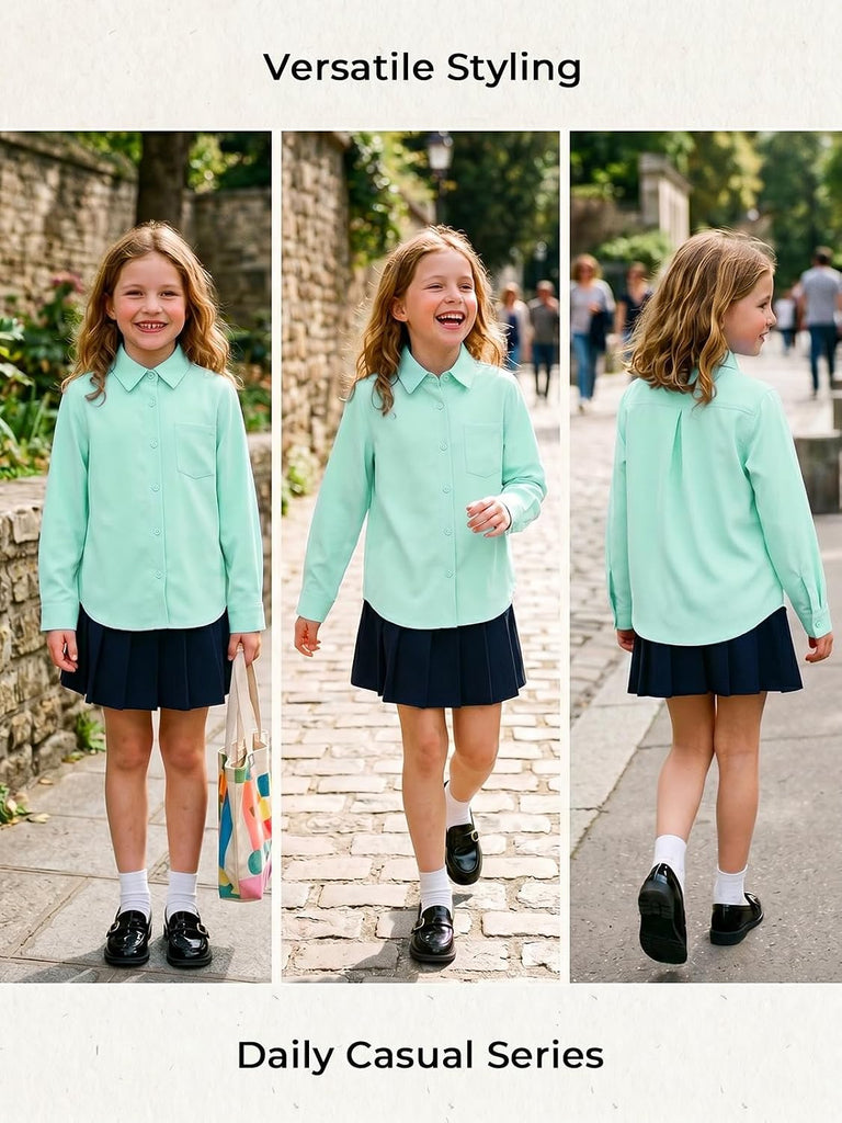 Girls School Uniform Button Down Shirts with Chest Pocket