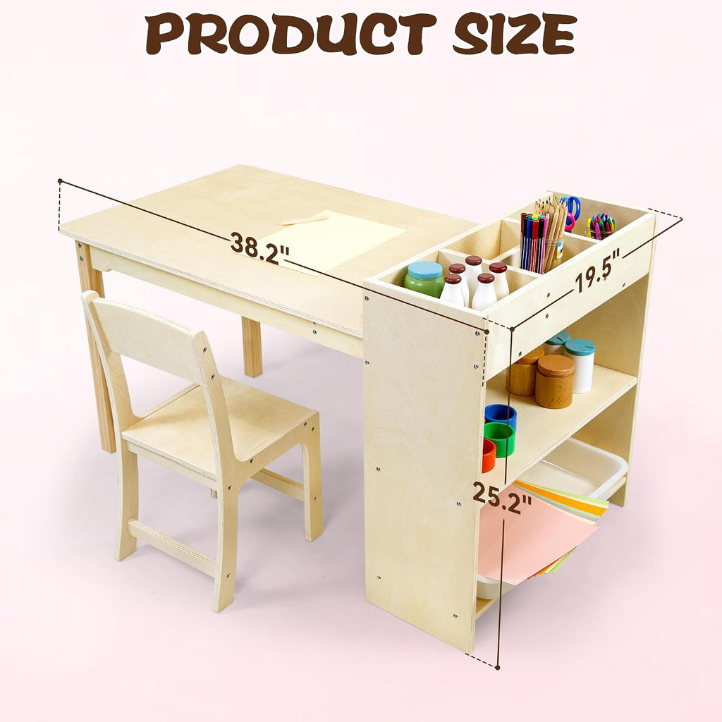 Kids Art Table and Chair Set, Birch Wooden Activity Craft Table, Kids Drawing Table, Toddler Desk with Storage and 1