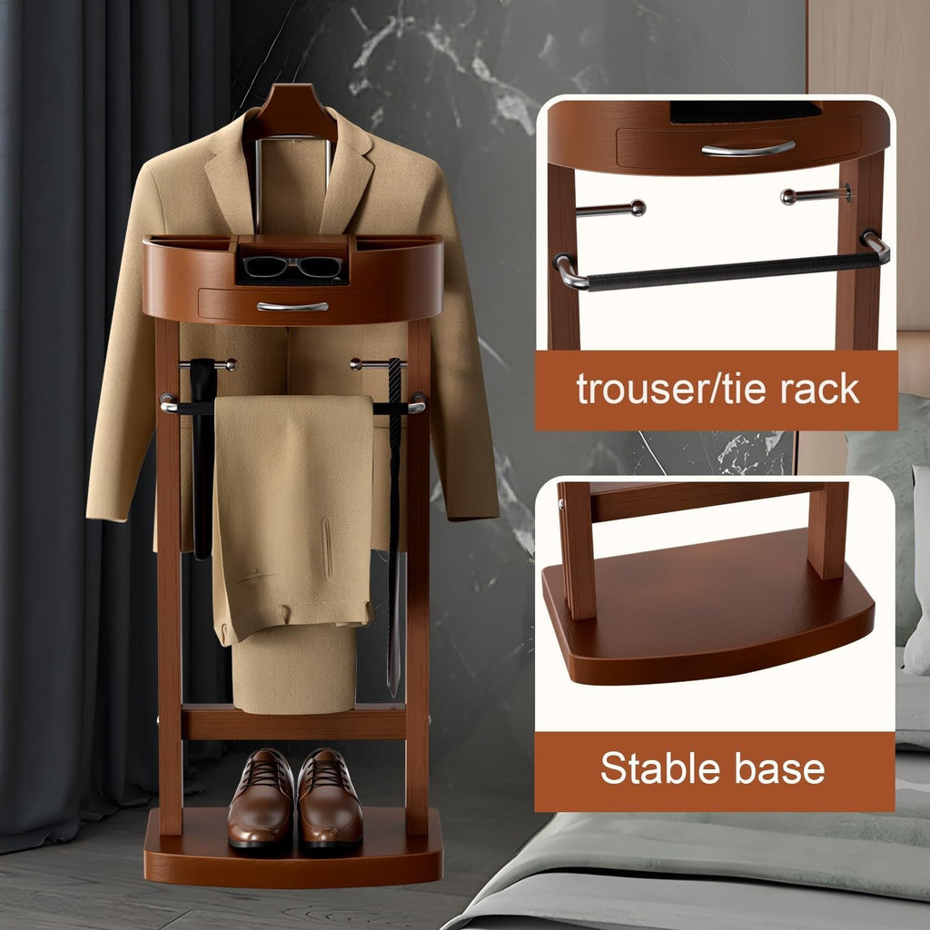 Wooden Valet Stand for Men, Clothes Valet with Tray and Sturdy Base, Freestanding Suit Stand, Load Capacity 100 lbs