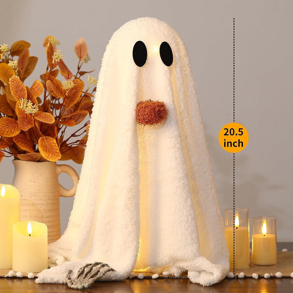 Halloween Decorations-2 Pack Light-Up Sherpa Ghosts with Pumpkin - Set of 2