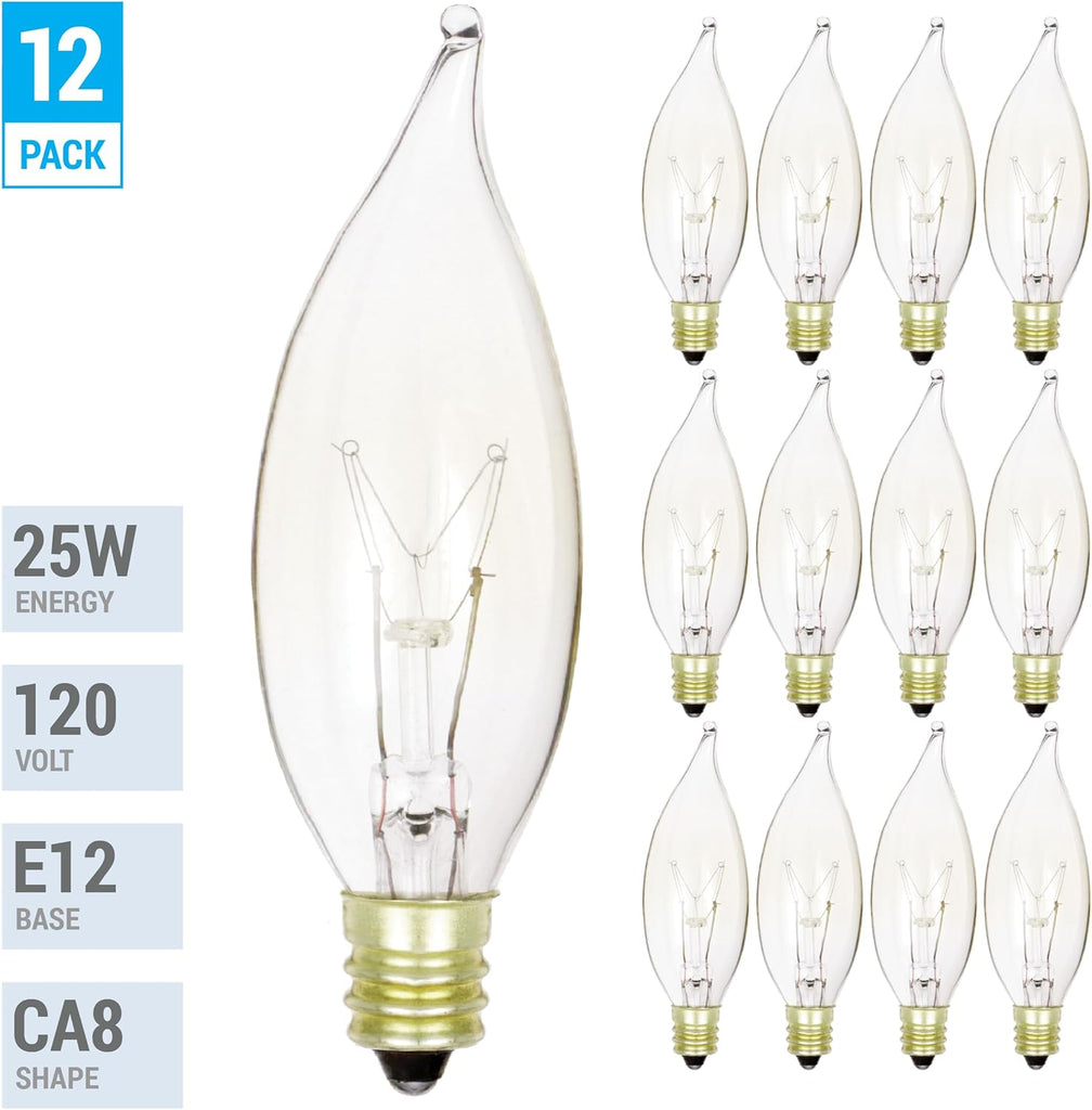 Pack of 12 25-Watt Clear Candelabra Base (E12) Flame Tip 120V Decorative Dimmable 25W Chandelier Lights Bulbs