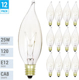 Pack of 12 25-Watt Clear Candelabra Base (E12) Flame Tip 120V Decorative Dimmable 25W Chandelier Lights Bulbs