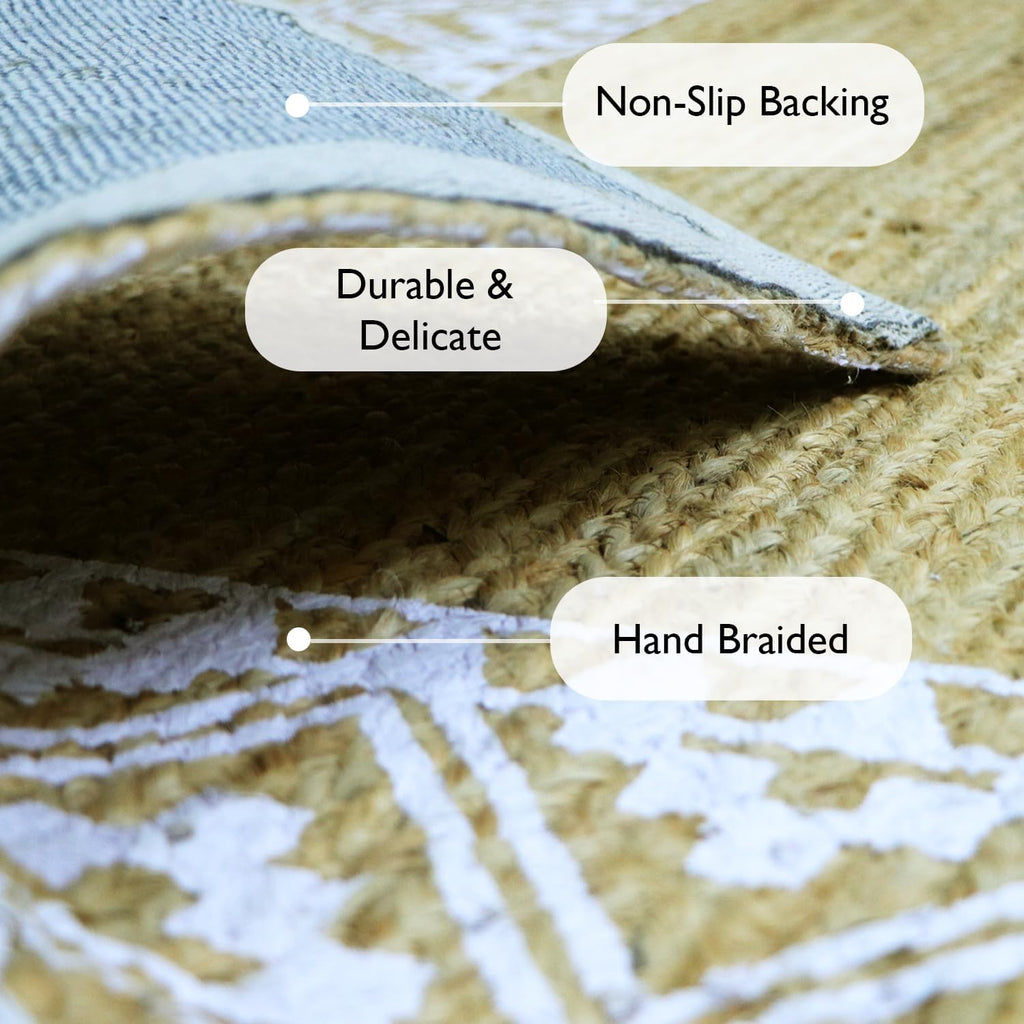 5X8 Feet-Oval, Premium Natural Jute Braided Area Rug, White Printed Border & Backing, Stain Resistance, Natural
