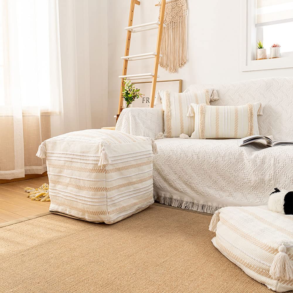 Tufted Woven Pouf Cover w/Tassels, Boho Square Ottoman 18"x18"x16"