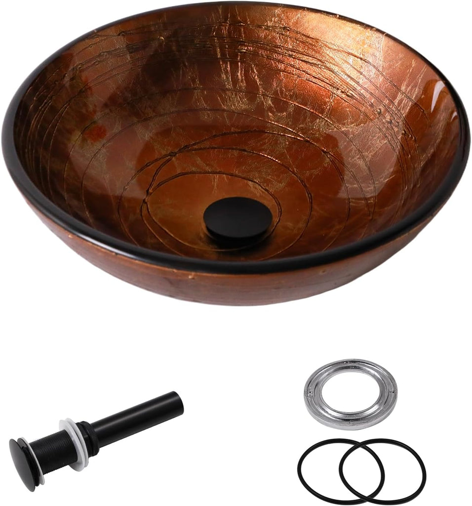 Sarlai Artistic Vessel Sink Bathroom Vessel Sink Round Brown Tempered Glass Vanity Round Bowl With Pop-up Drain 16-1/2
