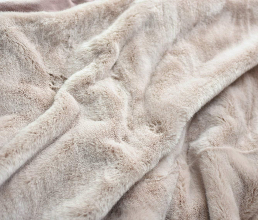 Faux Fur Oversized Throw Blanket with Plush Velvet Reverse, Fox Lynx or Gray Mink (Blush X-Long)