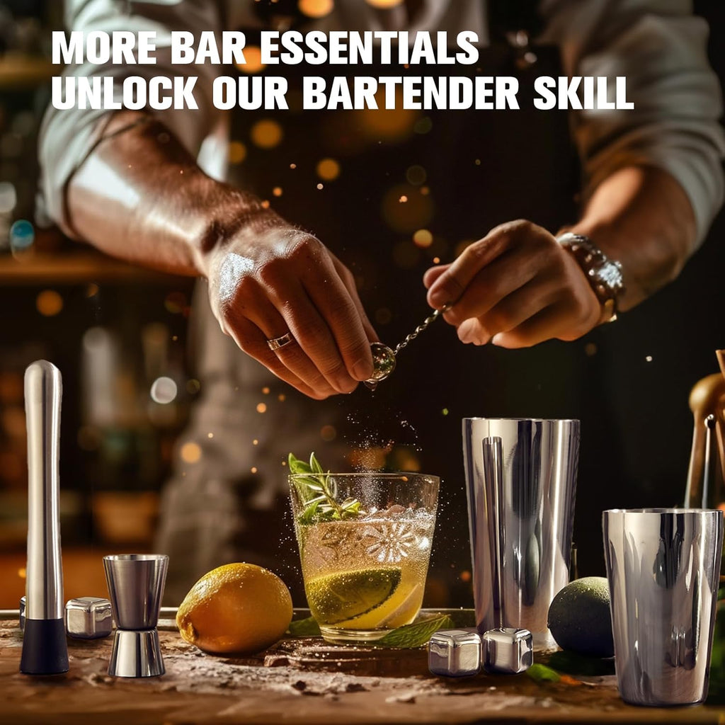 Cocktail Shaker Set Bartender Kit, Stainless Steel Boston Bar Tools Drink Mixer Set with Stand & Recipe Booklet