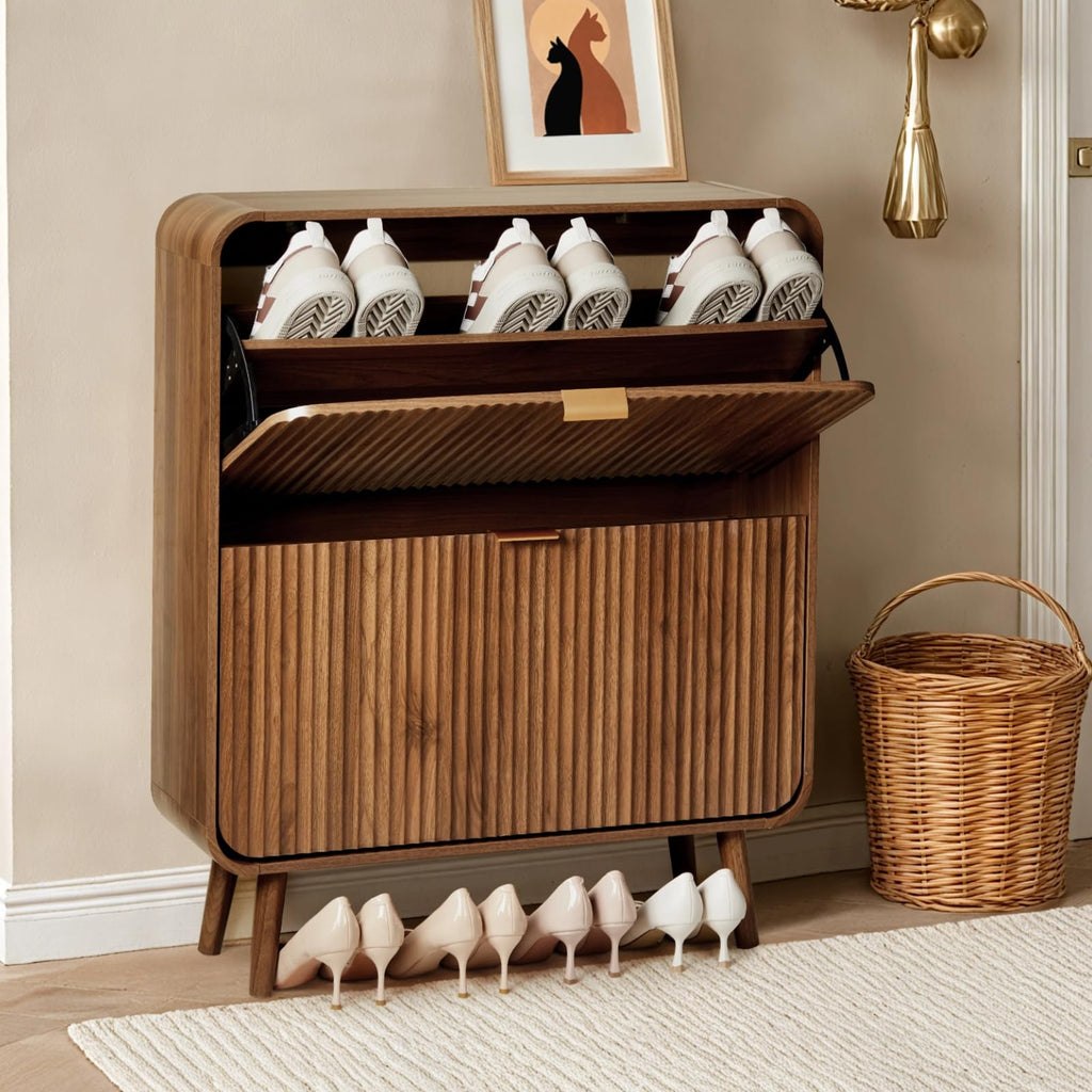31.5" Fluted Shoe Cabinet with 2 Flip Drawers, Slim Freestanding Shoe Cabinet Organizer, Narrow Shoes Storage Rack