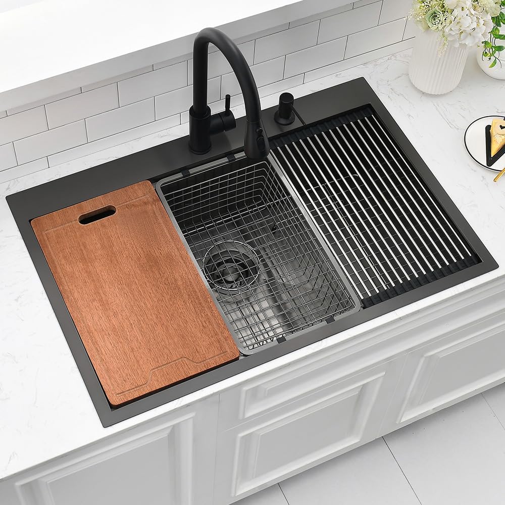33 Black Drop in Workstation Kitchen Sink, 16 Gauge 33x22x10 Inches Black Stainless Steel Kitchen Sinks Topmount