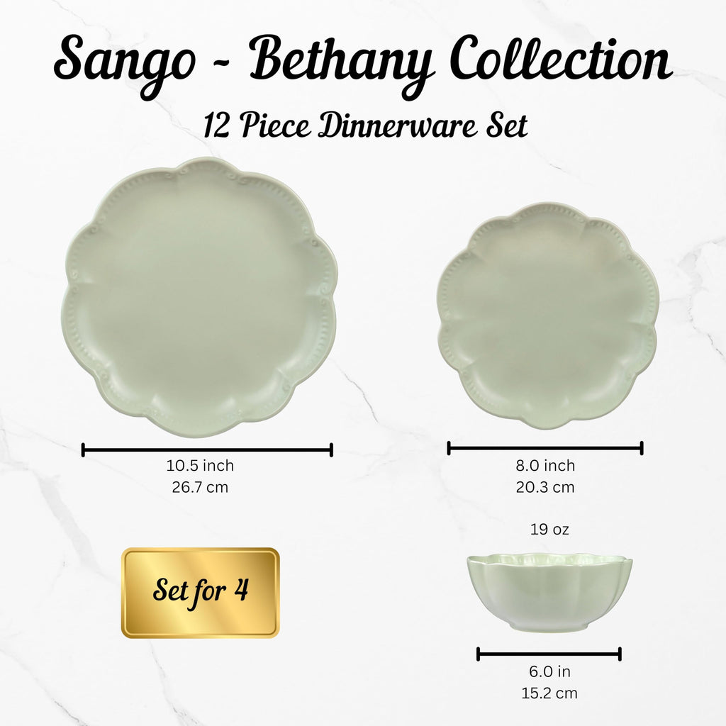 12 Pieces Scalloped Dinnerware Set, Sage Green Dishes for 4, Premium Serving Plates & Bowls Sets, Chip Resistant