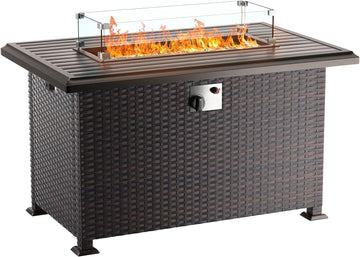 Outdoor Propane Gas Fire Pit Table 43'',50,000 BTU with Rectangular Tabletop,Auto-Ignition,Adjustable Flame,Glass