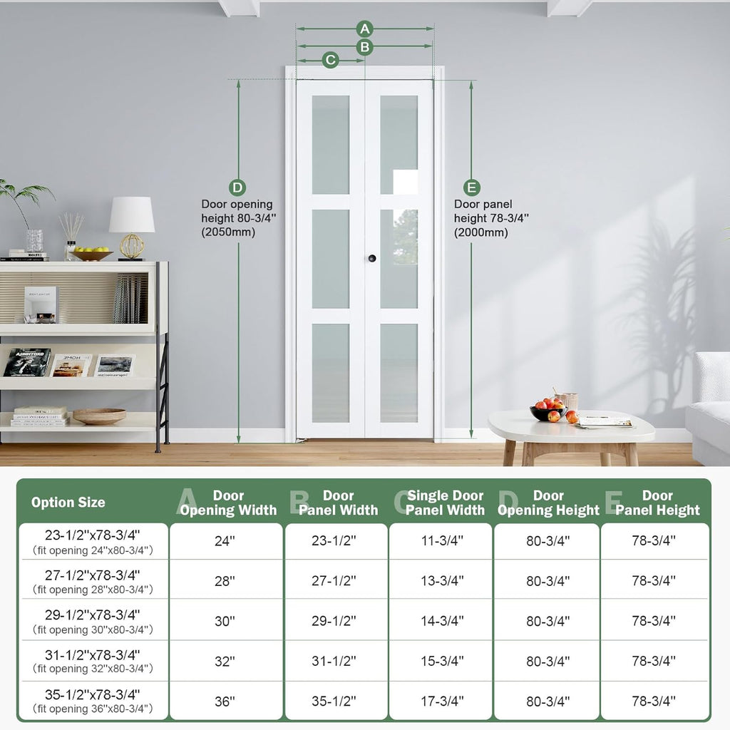 Bifold Doors for 32"×80-3/4" Opening, Preassembled White Frosted Glass Folding Barn Door, Sliding In