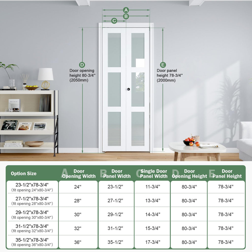 Bifold Doors for 28"×80-3/4" Opening, White Frosted Glass Folding Barn Door, Sliding Interior Wood Panel Closet
