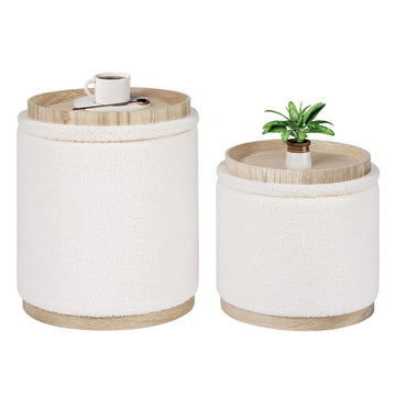 15" Boucle Storage Ottoman with Tray, Cream White, Set of 2