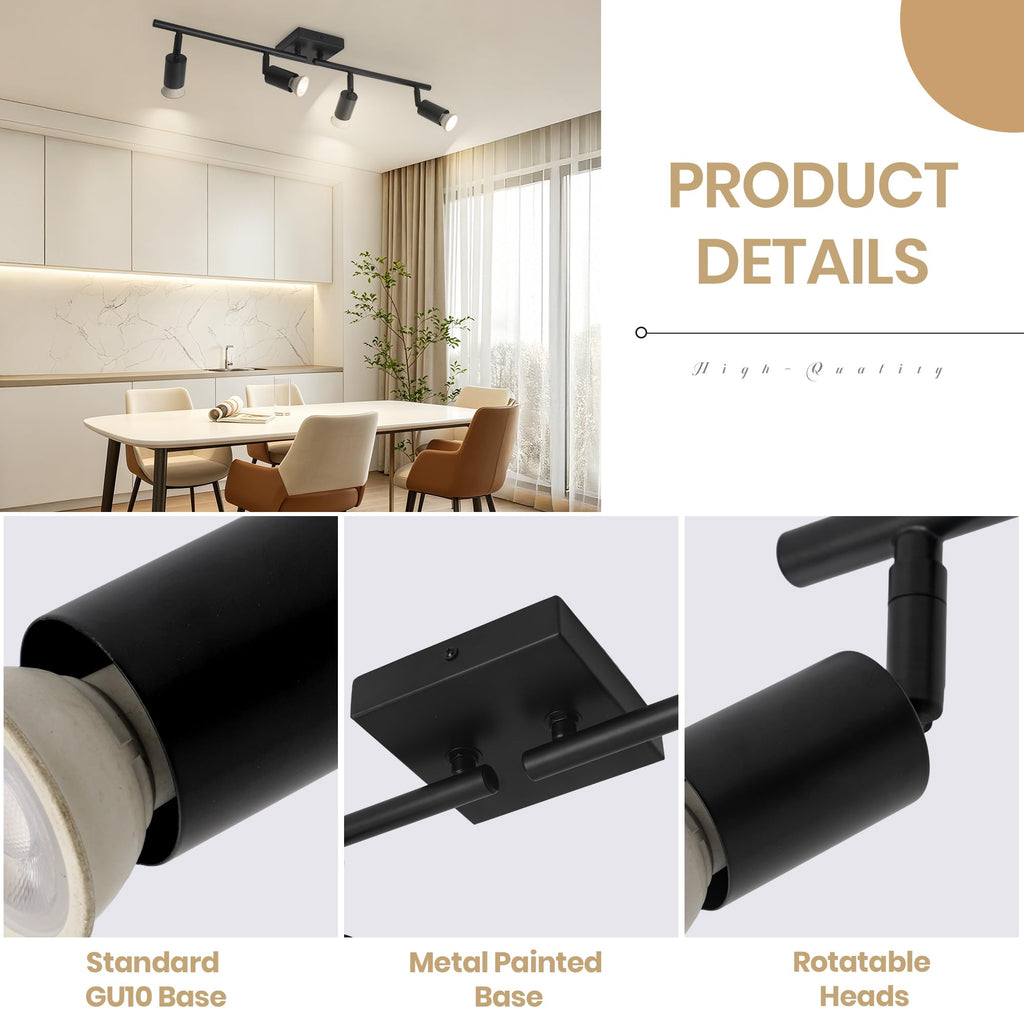 Black Track Lighting Kit - Adjustable GU10 Ceiling Spotlights, Modern Hardwired Flush Mount Fixture Island