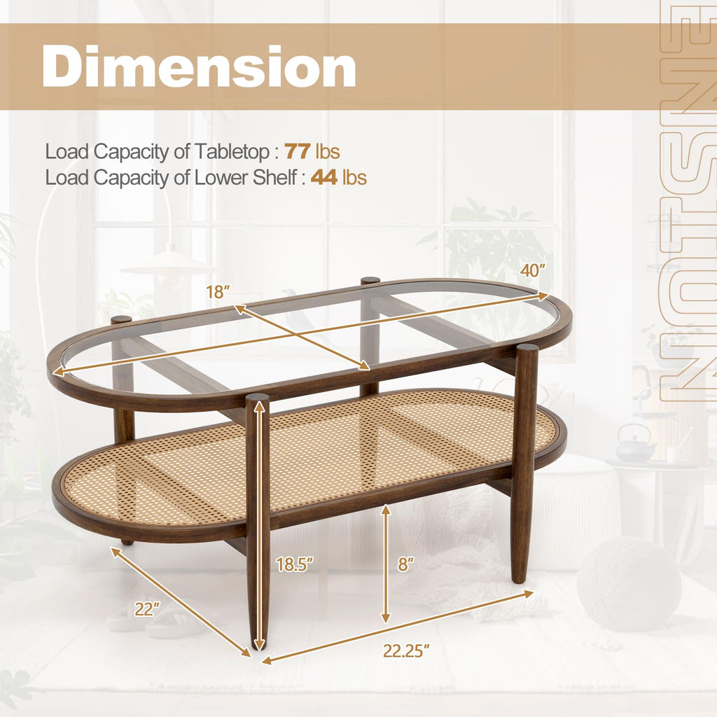 Boho Coffee Table, 2-Tier Center Table with Tempered Glass Tabletop & PE Rattan Storage Shelf, Mid Century Modern Tea