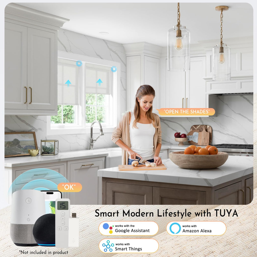 Smart Motorized Blinds with Remote, No Drill Automatic Roller Shades for Indoor Windows, Light Filtering Linen