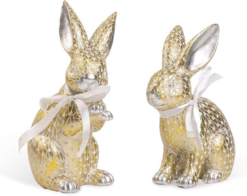 Easter Bunny Figurines, Spring Resin Gold Silver Rabbit Samll Statue Table Decor, Tabletop Centerpieces - Set of 2