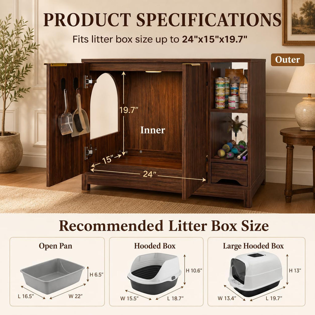 Cat Litter Box Enclosure, Multifunctional Storage Cabinet, Walnut
