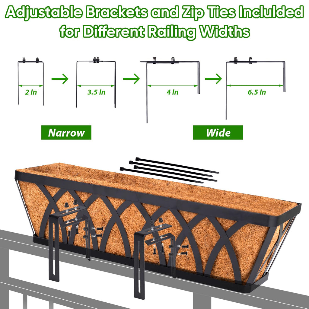 Deck Railing Planter Window Box - 2 Pack 24 Inch Deck Balcony Rail Planter with Coconut Coir Liner, Fence Metal