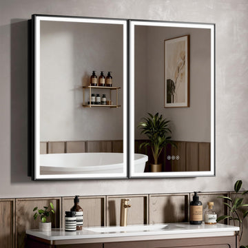 40x32 Inch Lighted Medicine Cabinet Black Aluminum Frame 3-Color Dimmable LED Anti-Fog Mirror Surface & Recessed