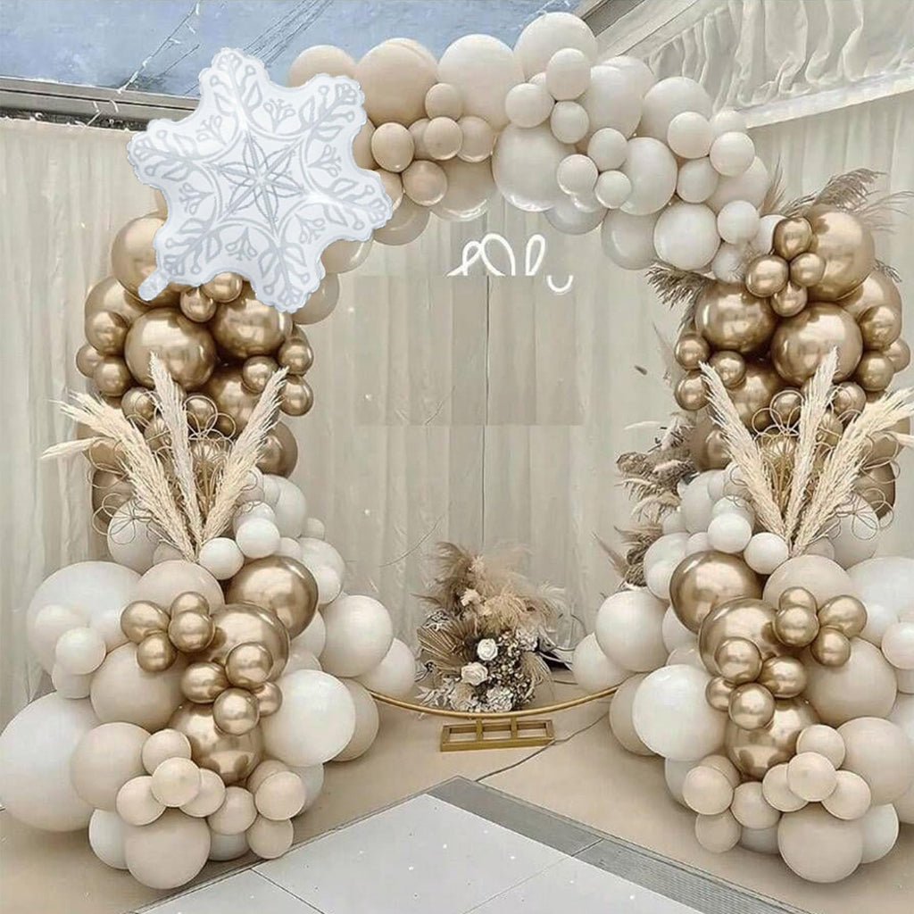 Snowflake Balloon Garland Arch Kit, Gold and White Sand Balloon Arch with Clear Snowflake Foil Balloons for Winter
