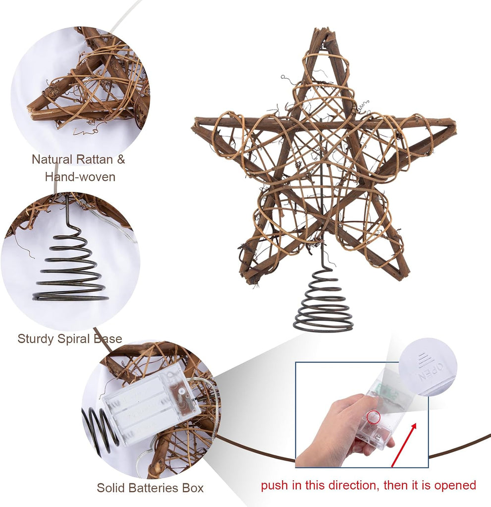 Christmas Tree Topper Farmhouse Christmas Decor Christmas Tree Decorations Rattan Natural Christmas Tree Star with 10
