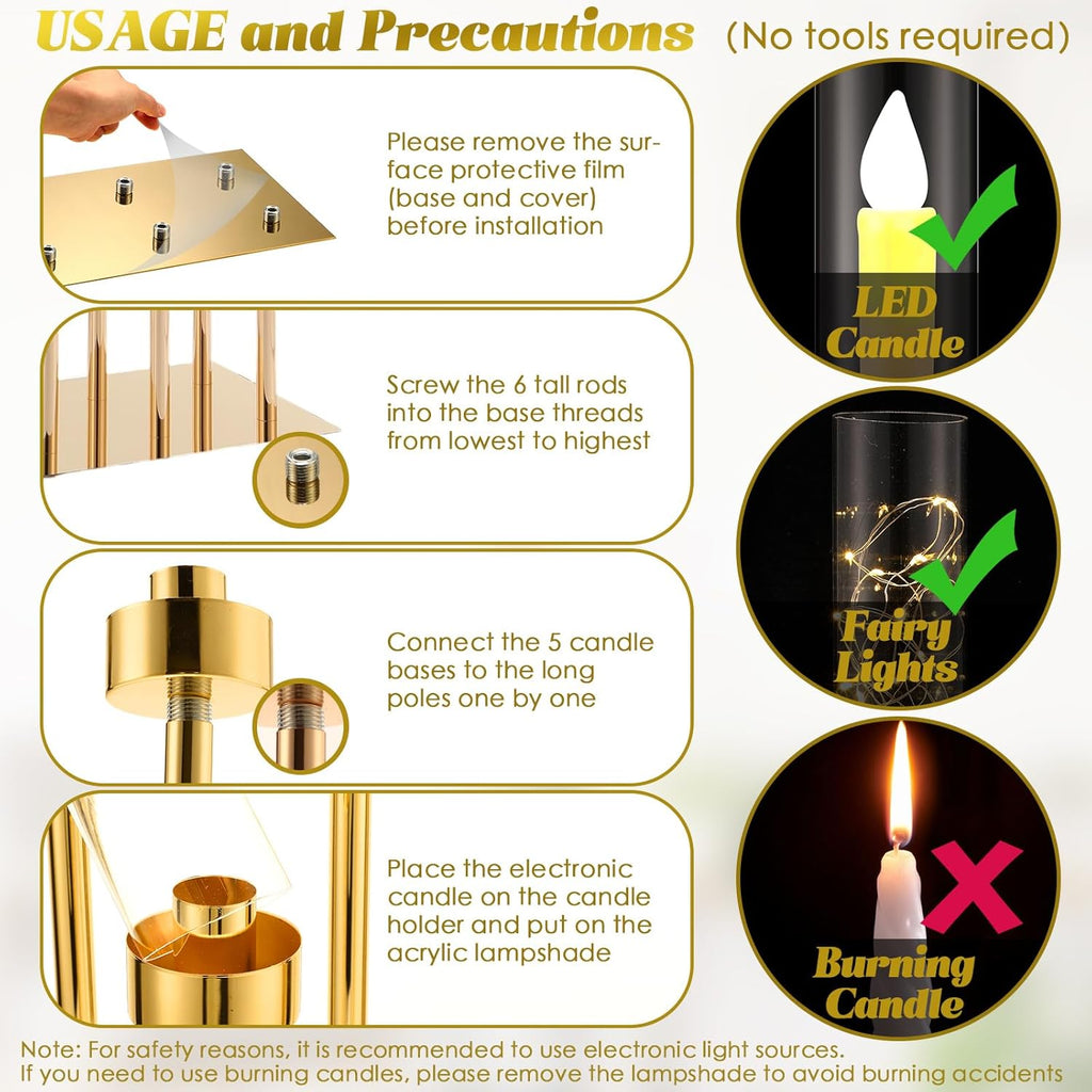 Tessco 4 Pcs 6 Arm Wedding Gold Candelabra Table Centerpiece 46.5" Floor Candle Holder Metal Tall Candlestick Acrylic