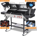 3-in-1 Propane and Charcoal Grill Combo with Side Burner, Griddle and Pot, Cast Iron Grates, 673 Sq. In. Cooking Area