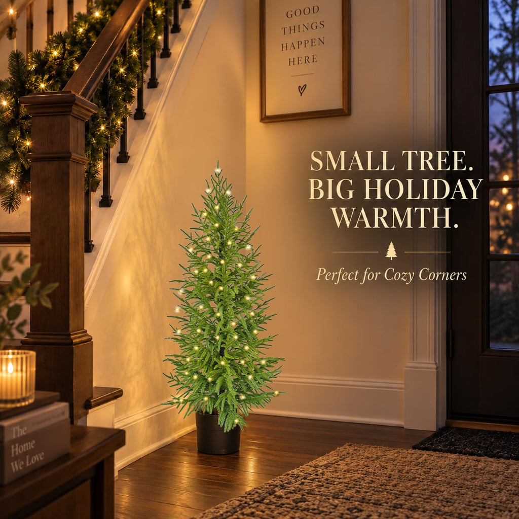 4FT Lighted Artificial Norfolk Pine Christmas Tree for Outdoor Indoor, Real Touch Faux Cedar Tree with Pot, Potted Fake