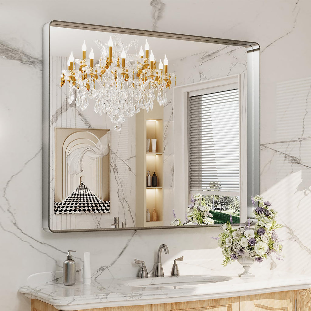 48x40 Inch Brushed Nickel Bathroom Mirror, Rounded Rectangle Silver Metal Frame Mirror, Brushed Nickel, Anti-Rust