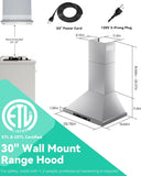 30 Inch Stainless Steel Wall Mount Range Hood 900 CFM Ultra-Quiet 4 Speed Gesture Control, LED Lights Convertible Ducted/Ductless