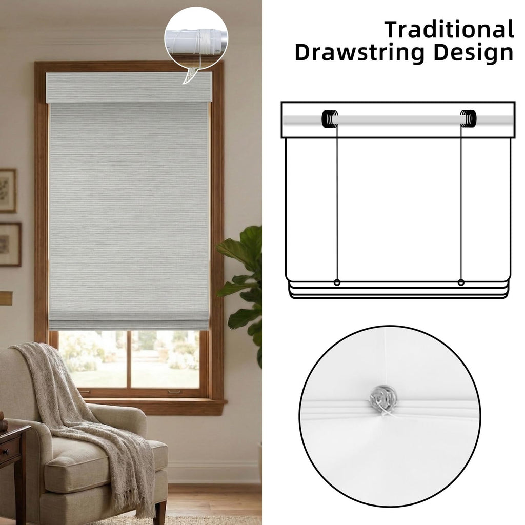 Motorized Natural Woven Wood Roman Shades, Linen Ramie 05E2