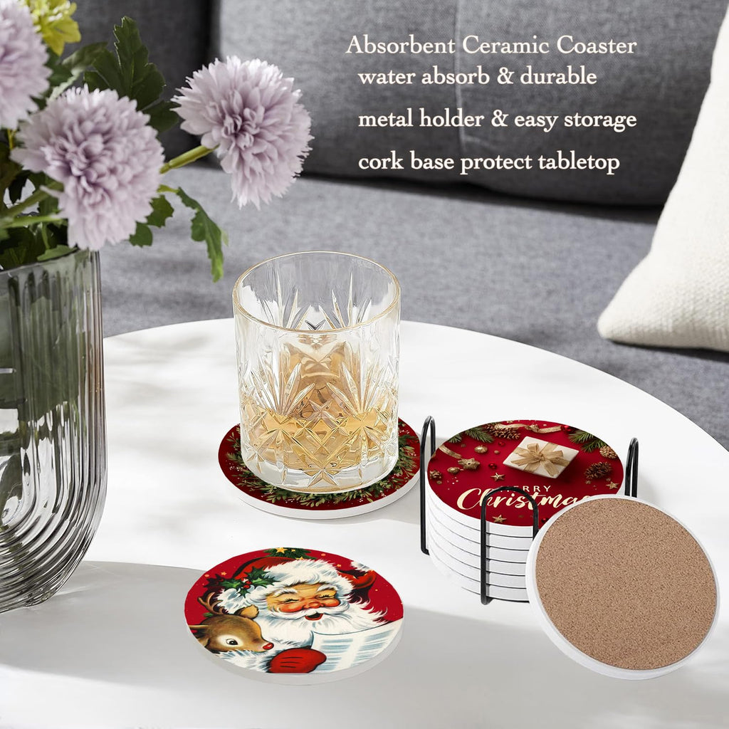 Merry Christmas Coasters Set of 6, Round Absorbent Ceramic Coaster, with Metal Holder and Cork Base, Santa Claus
