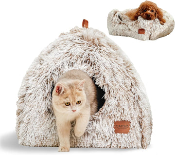 Cat Bed, Cat Cave for Indoor Cats, Soft Cat Dome, Self-Warming 2 in 1 Foldable Pet Cat House with Washable Cushioned