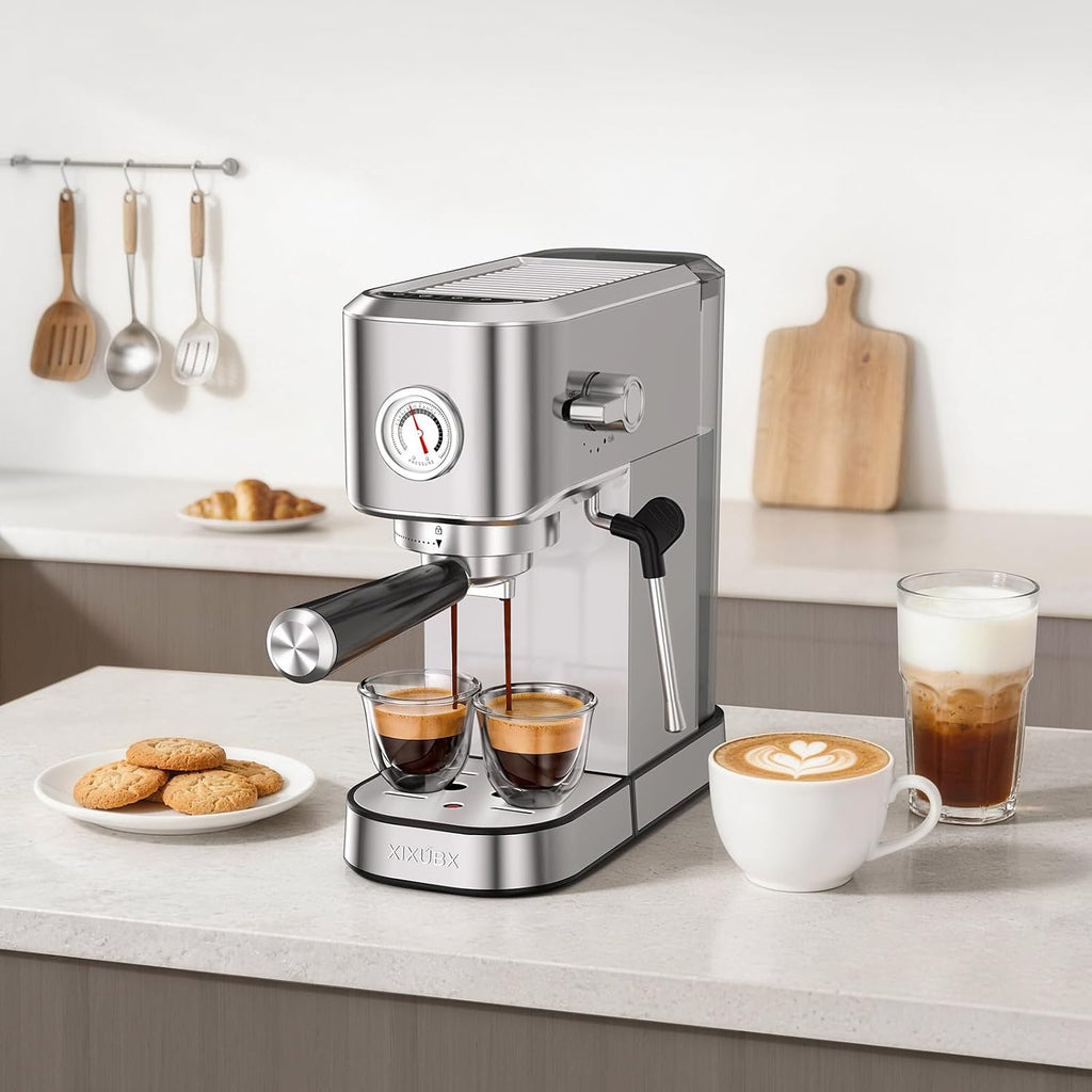 Espresso Machine with Milk Frother for Cappuccino & Latte | 20-Bar Pump, Built-in Pressure Gauge, Powerful Steam