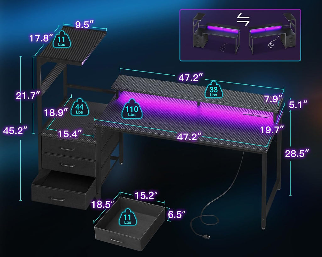 63 inch Gaming Desk with PC Display Stand, Reversible Steel Wood Computer Desk for Gaming Setup, Tiered Design to