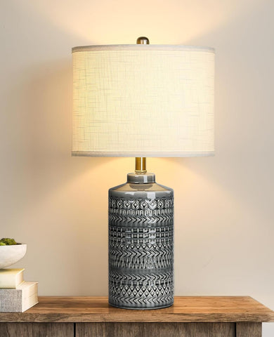 Modern Ceramic Table Lamp, 24.5" Living Room Lamps 3-Way Dimmable Gray Nightstand Lamp with White Sh