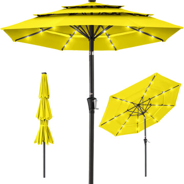 10ft 3-Tier Solar Patio Umbrella, Outdoor Market Sun Shade for Backyard, Deck, Poolside w/ 24 LED Lights, Tilt