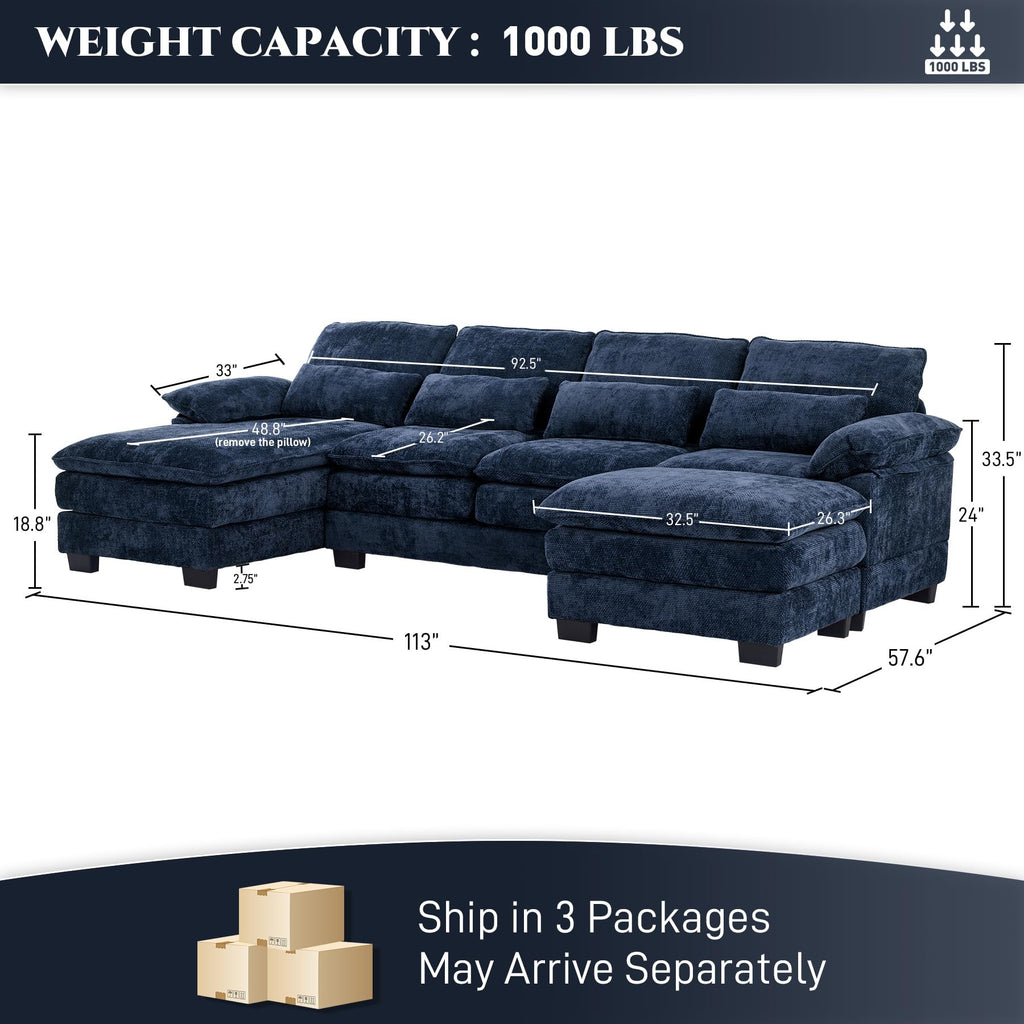 113" U Shaped Cloud Sectional Couch with Ottoman, Chenille Sofa, Dark Blue