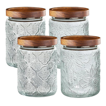 4-Pack 24 OZ Vintage Glass Jar with Lid, Airtight Food Storage Canisters with Bamboo Counter Pantry, Ideal for