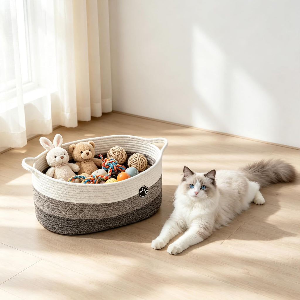 Dog Toy Basket, White & Brown, 2 Pack Toy Box and Bin for Dog Cat Storage, 20" X 11" X 8" Large Woven Rope Basket