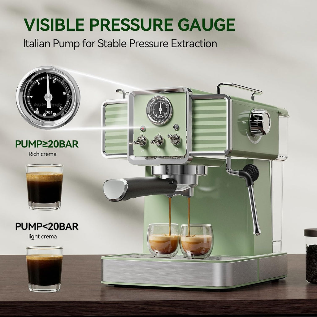 20Bar Semi Automatic Retro Espresso Machine with Milk Frother | PID Temperature Control & Visible Pressure