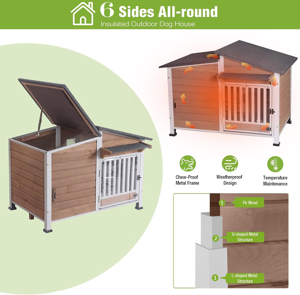 Large Insulated Dog House Outdoor Weatherproof Dog Kennel Shelter with Chew-Proof Full Metal Frame, 360° Rotatable