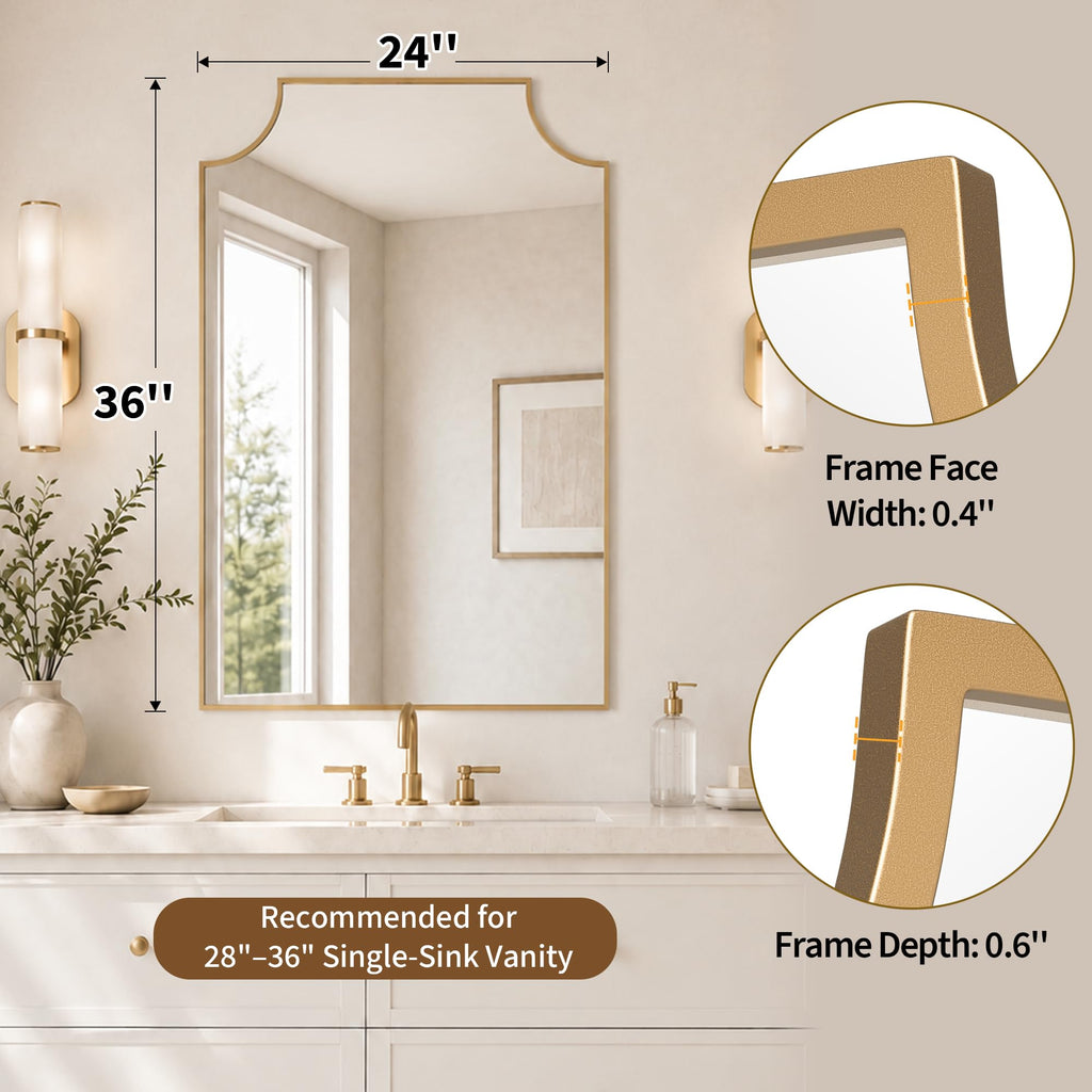 24x36 Inch Matte Gold Scalloped Arch Bathroom Vanity Mirror