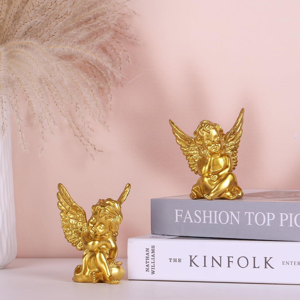 2 Pack Resin Cherubs Gold Angel Statue Figurine, Garden Sleeping Cherub Statue Sculpture Indoor Outdoor Home