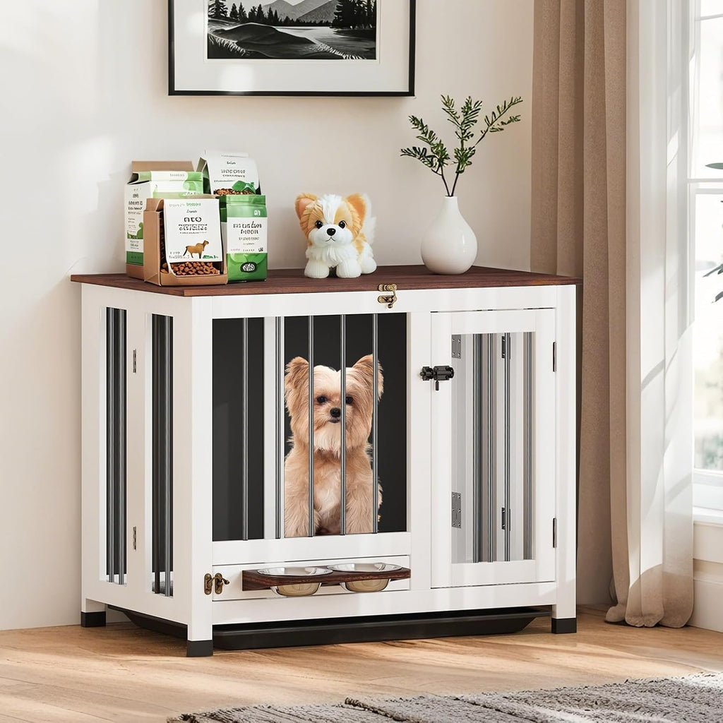Dog Crate - 39.4" Wooden Dog Kennel Furniture with 360° Rotating Feeder & Removable Tray | Multi-Functional End Table