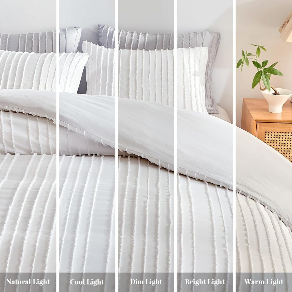 White Boho Duvet Cover Set Queen, Striped Textured Tufted Bedding Set, 3 Pcs Ultra Soft Washed Microfiber with Zipper
